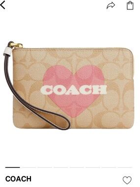 Coach NWOT Pink Heart Corner Zip Wristlet tan canvas and leather 2023 -CP436